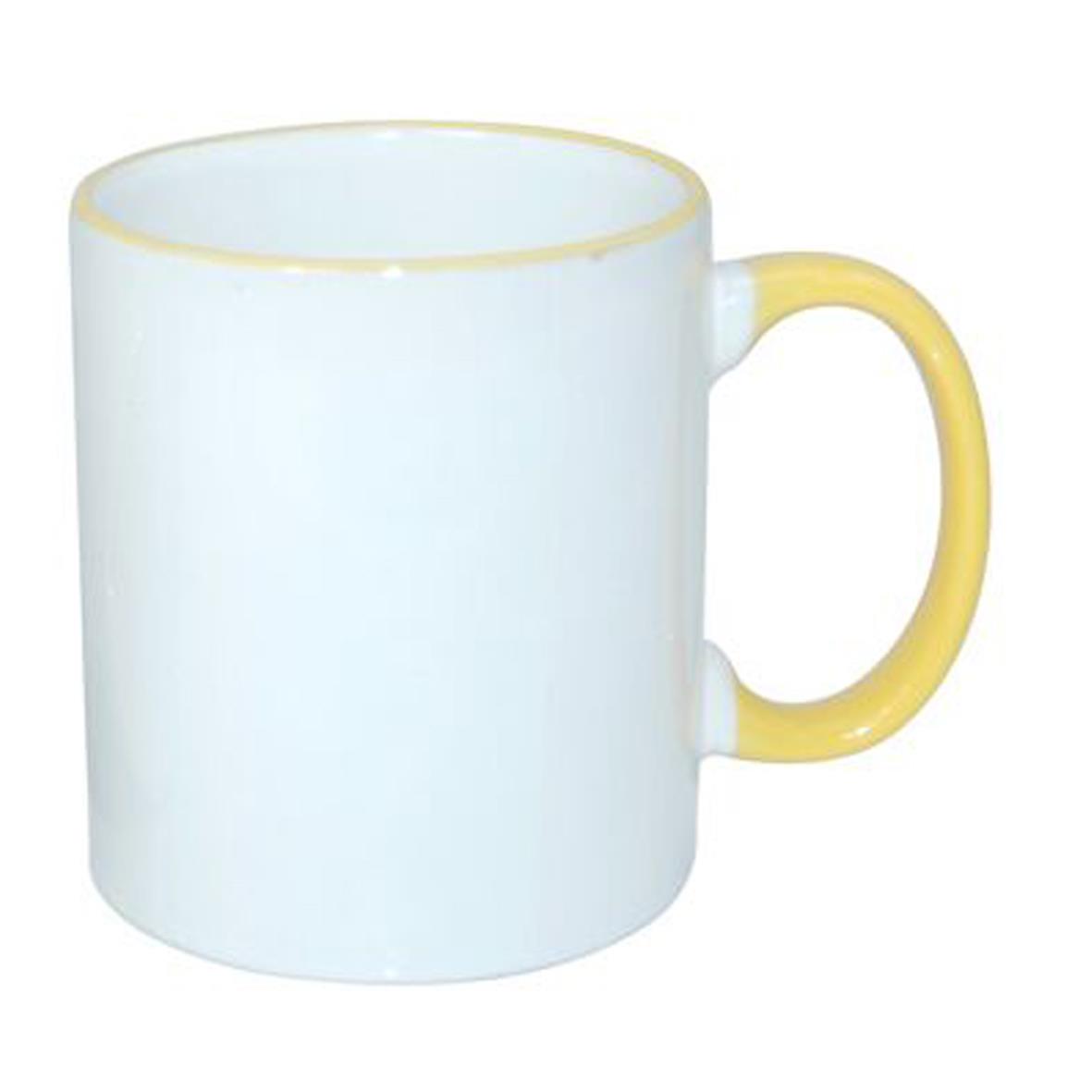 Sublimok mit farbigem Rand und Henkel 30 cl in Gelb, weißer Sublimationsbecher mit farbigem Rand und Henkel